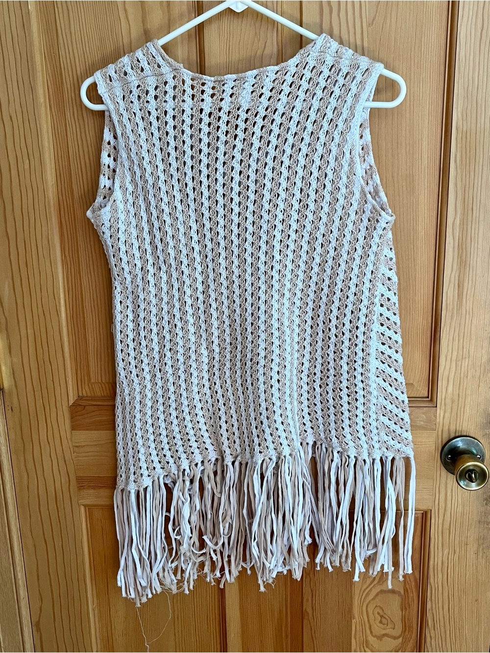 David Meister Cotton Diagonal Crochet Fringe Tunic Tank Top Boho Beach Knit L